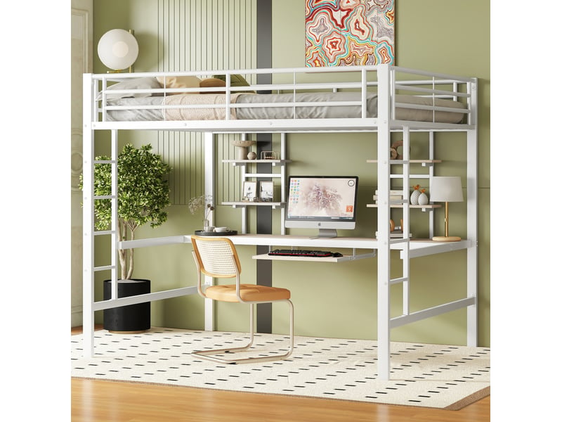  Lit en hauteur, 140x200 cm, lit en hauteur, avec bureau, deux bibliothèques, matelas non inclus, métal, coloris blanc  - Conforama E