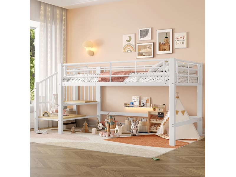  Lit mi-hauteur enfant 90 x 200 cm escalier de rangement sécurité 79,5 cm lattes incluses mdf et métal blanc sans matelas  - Conforama R