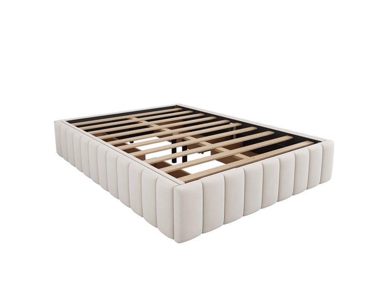  Cadre de lit tapissé beige 140x200 cm - sommier et lattes inclus - sans tête - sans matelas - design minimaliste  - Conforama A