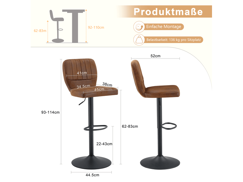  Tabouret de bar pivotant réglable avec dossier et repose-pieds, en similicuir vintage, noir et marron  - Conforama D
