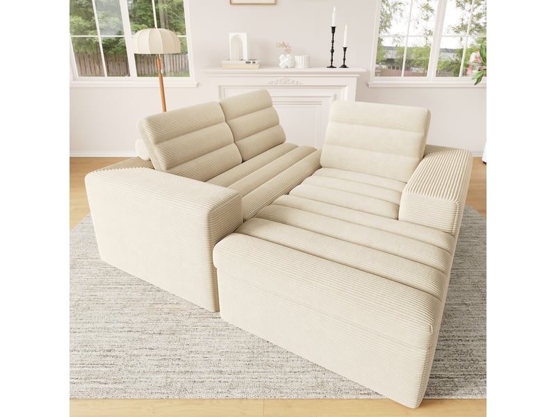  Canapé d'angle modulable en l, velours côtelé beige, canapé nuage 4 places sans armature avec pouf pour salon et grand appartement.  - Conforama D
