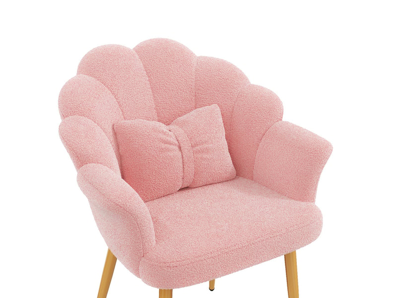  Lot de 4 fauteuils de salle à manger 64x65,5x85 cm, dossier pétale, coussins, tissu teddy, pieds en fer doré, rose  - Conforama D