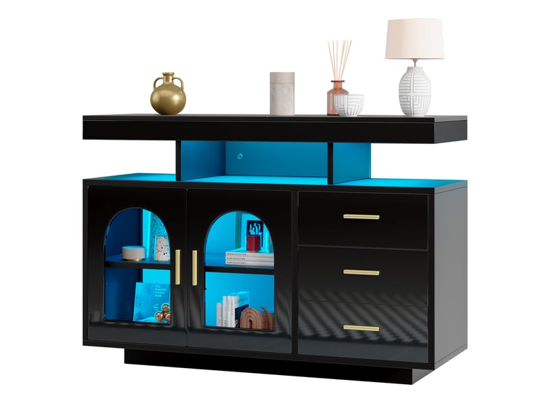 Buffet noir brillant 120 cm avec led rgb - meuble de rangement salon et cuisine - Conforama A