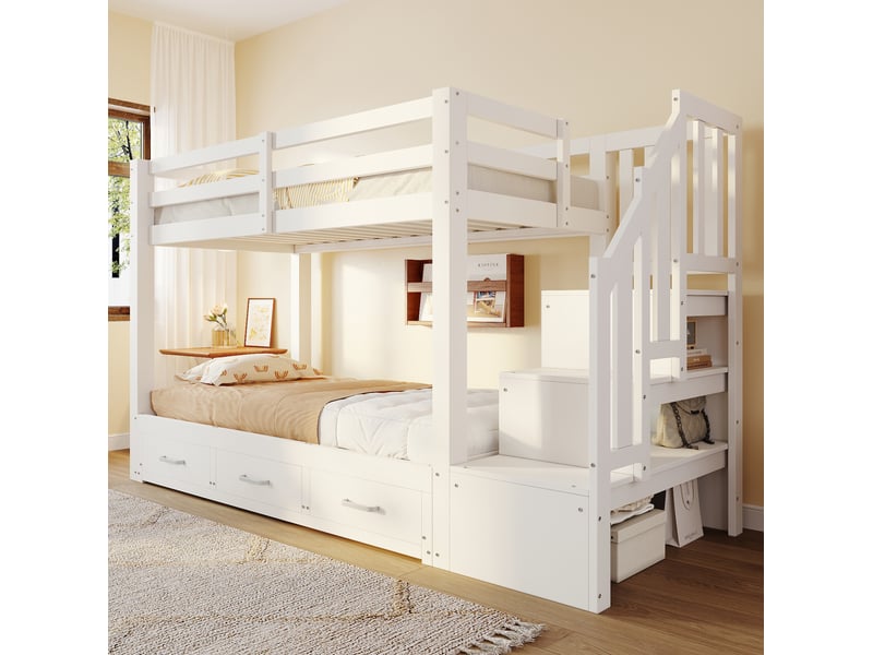  Lit superposé 90x200 cm avec lit gigogne 90180x190 cm, 3 tiroirs, échelle et rangements, pin et mdf blanc  - Conforama E