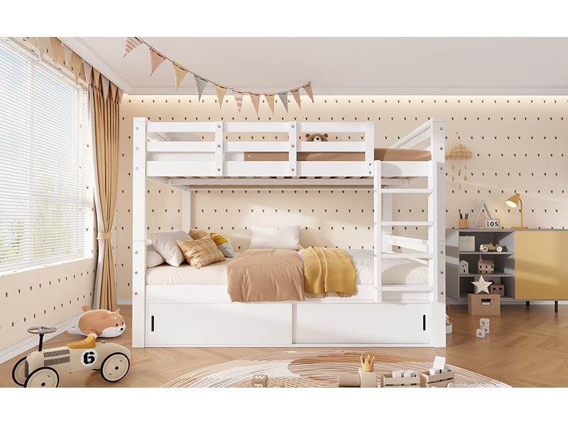  Lit superposé familial blanc 2 x 140 x 200 cm séparable, rangement à portes coulissantes, échelle et garde-corps  - Conforama B