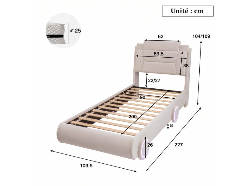 Lit voiture enfant 90 x 200 cm, velours crème, tête de lit réglable, roues lumineuses - Conforama C
