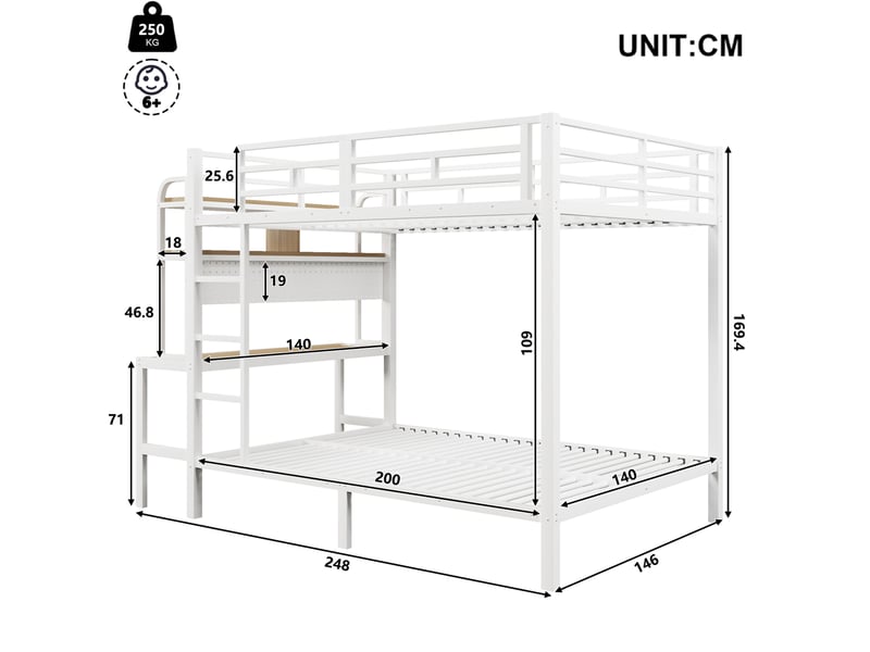  Lit superposé 140x200 avec bureau, led et usb blanc cravdom  - Conforama E