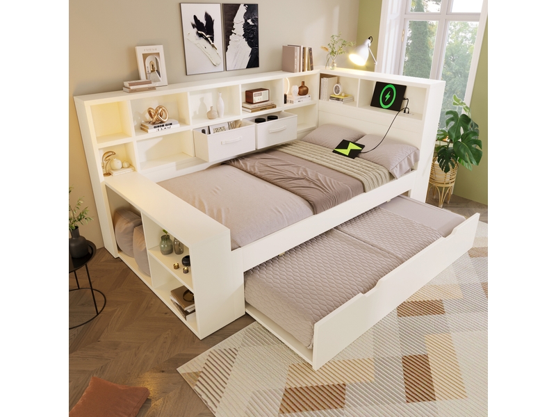  Lit une place 90 x 190 cm blanc avec lit gigogne, rangements et ports usbtype-c  - Conforama B