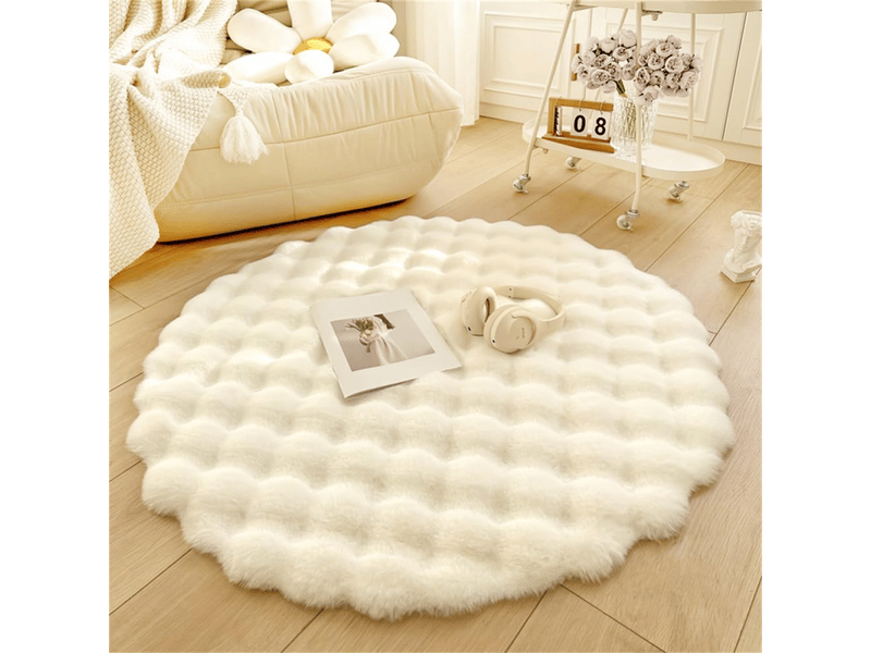  Tapis rond long poils - absorbe l'eau,antidérapant - pour chambre,salon - décoration moderne (blanc,100 cm)  - Conforama A