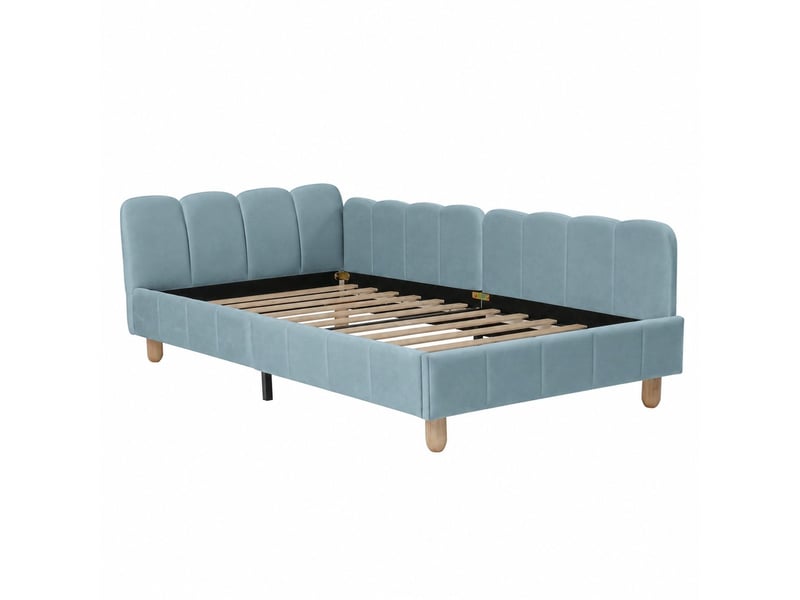 Lit simple bleu en velours, 90x200 cm, lit enfant avec tête ergonomique et rangement dans accoudoirs - Conforama A