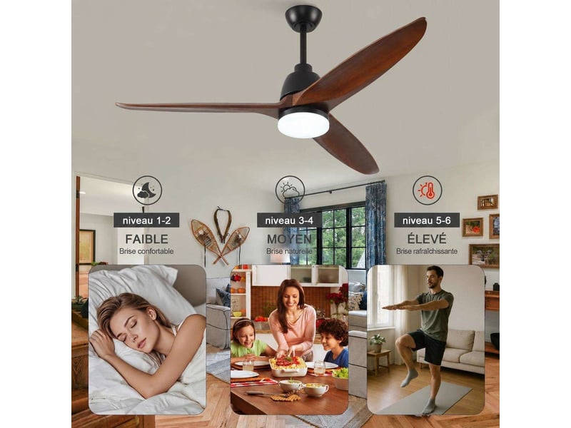Ventilateur de plafond 56 pouces de hyundai, avec éclairage et télécommande, trois pales en bois massif, 3cct, ventilateur réversible à six vitesses, fonction mémoire, idéal pour la décoration intérieure - Conforama E