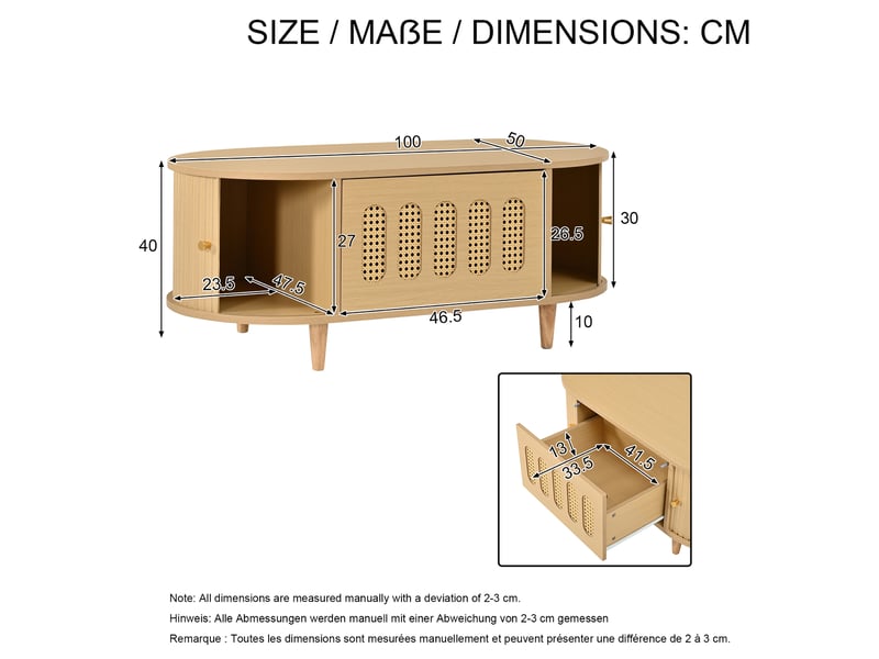  Table basse 100x50x40 cm en mdf, 1 tiroir et 2 portes à rideau, coloris bois naturel  - Conforama E