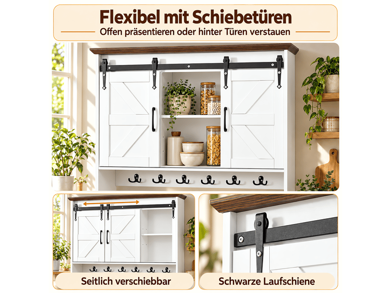 Buffet de cuisine blanc 96 x 40 x 180 cm avec portes coulissantes, 2 tiroirs, étagères ouvertes et plan de travail effet bois foncé, style campagne - Conforama E