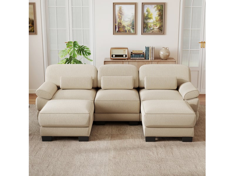  Canapé modulable en u 3 places 265x161x94 cm, coussin lombaire épais, assise profonde, avec 2 poufs, en velours côtelé, beige  - Conforama E