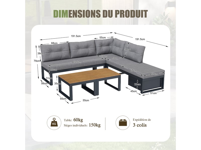  Ensemble salon de jardin multifonction, dossier réglable 3 positions, gris foncé  - Conforama C