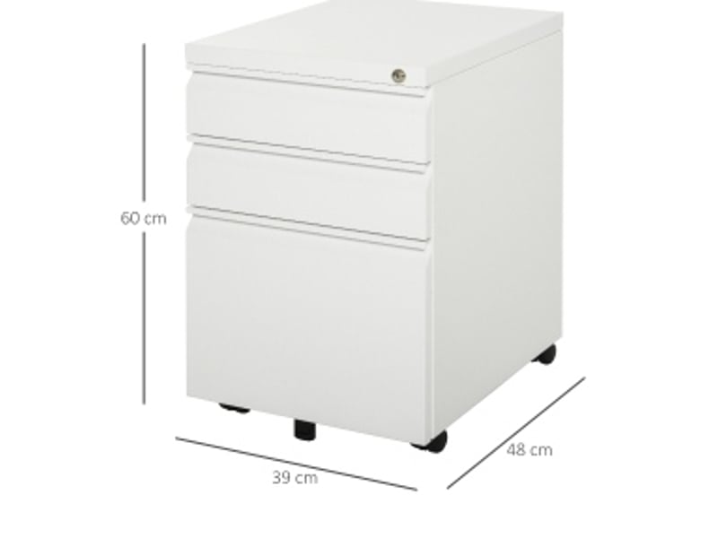  Caisson de bureau 39 x 48 x 60 cm blanc en acier, 3 tiroirs verrouillables sur roulettes, classement suspendu  - Conforama C