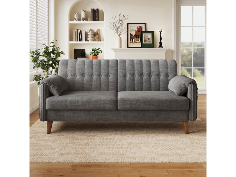 Canapé droit 2 places 161,5x79x83,5 cm, dossier capitonné, ressorts ensachés, poches latérales, pieds en bois massif, chenille gris Radiant Stride - Conforama D