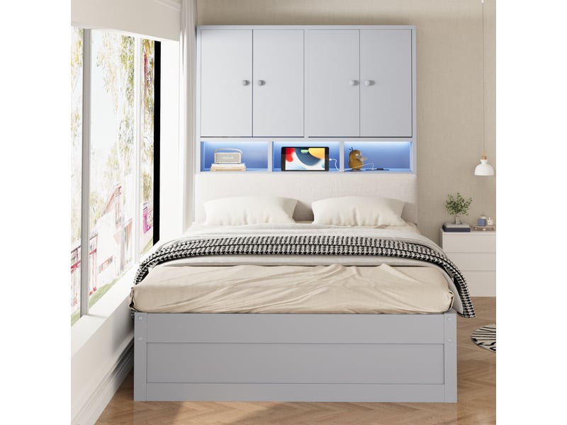  Lit avec tiroirs, lit simple 90x200 cm en bois avec 2 tiroirs, étagères, led et prise, sans matelas, gris  - Conforama C