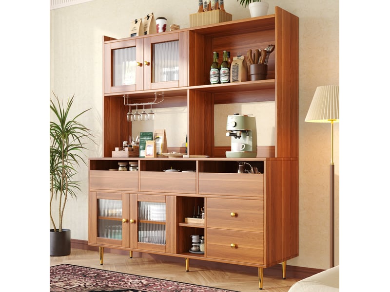  Buffet haut modenvie avec portes en verre cannelé, rangement multi-niveaux, porte-bouteilles, marron noyer, mdf et métal, 145 x 39 x 171 cm  - Conforama E