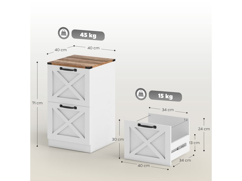  Caisson de bureau avec 2 tiroirs, dossiers suspendus pour formats lettrea4, style rustique, 40x40x71cm, blanc  - Conforama C