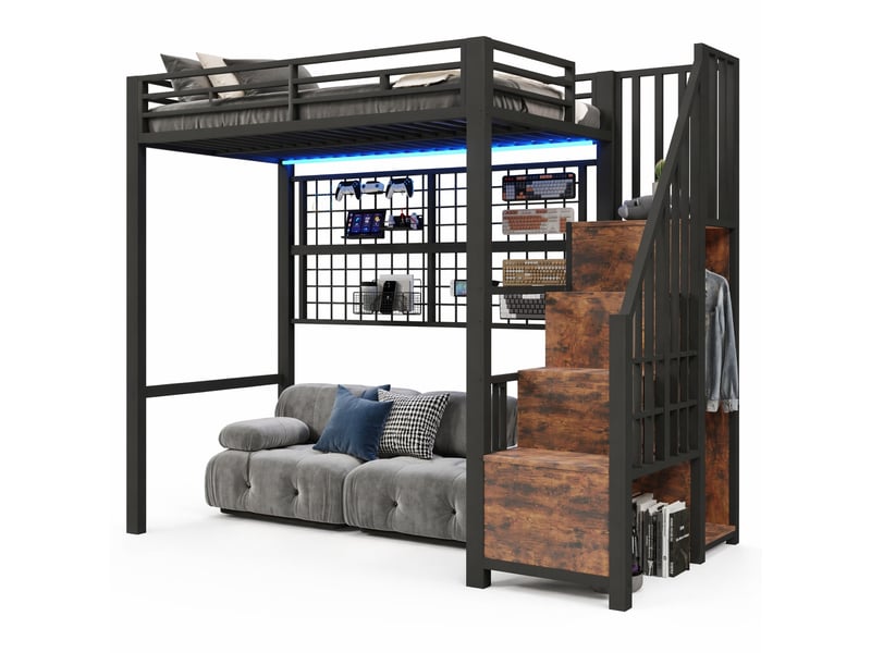  Lit mezzanine 90x200 cm avec échelle armoire, éclairage led 7 couleurs en métal noir  - Conforama A