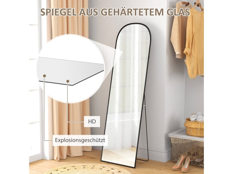  Miroir sur pied plein format 170x50 cm – noir – arqué, mural ou à poser, cadre en aluminium résistant  - Conforama D