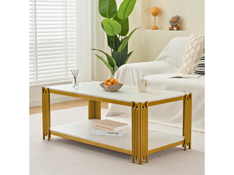  Table basse rectangulaire effet marbre, pieds en métal doré, 2 étagères, meuble de salon moderne, 114x64x46 cm  - Conforama R