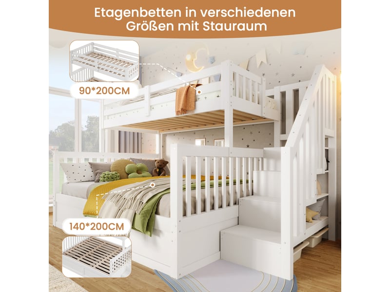  Lit superposé enfant 90×200 et 140×200 cm coffre hydraulique, escalier rangement  - sans matelas, bois blanc et naturel  - Conforama E