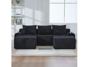 Canapé modulable 3 places 268x174x80 cm, velours côtelé noir, porte-gobelet, poche latérale, assise généreuse, confortable, 2 poufs