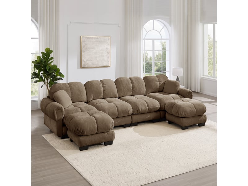 Canapé modulable 4 places 330 cm canapé droit en tissu chenille avec 2 pouf mobile, design matelassé, coussins épais, dossier ergonomique, burn Seren Glow - Conforama B