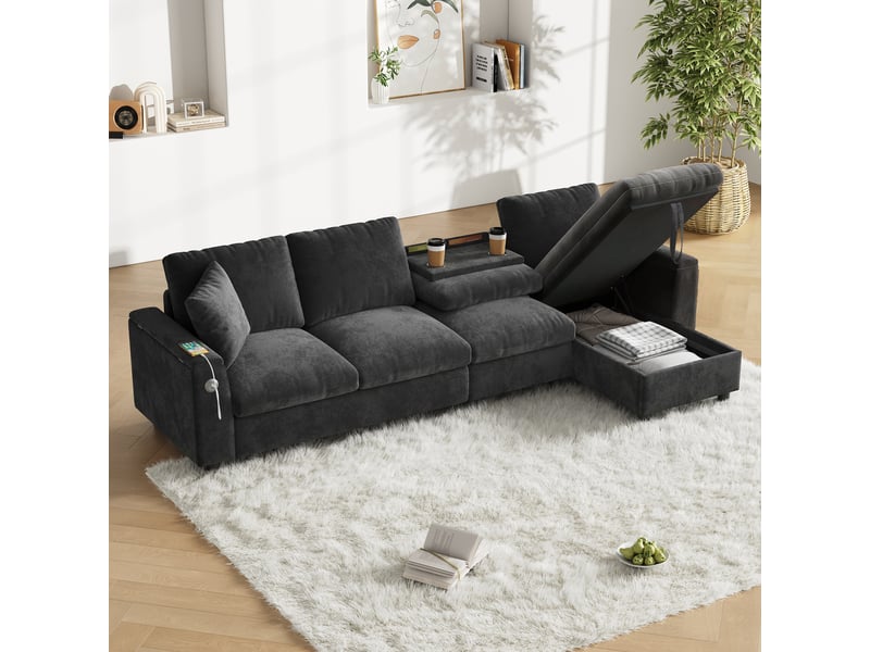  Canapé d'angle convertible réversible 4 places, chenille gris, 280x137x84 cm, avec rangement, porte-boissons, port usb et type-c  - Conforama B