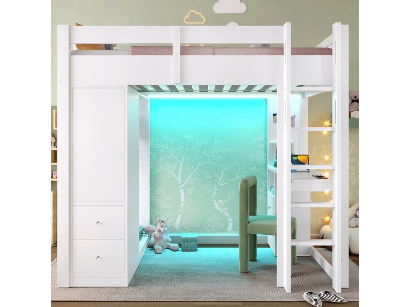  Lit mezzanine 200×90 cm avec bureau, 4 tiroirs, armoire ouverte, éclairage led et port usb, en pin massif et mdf blanc  - Conforama C