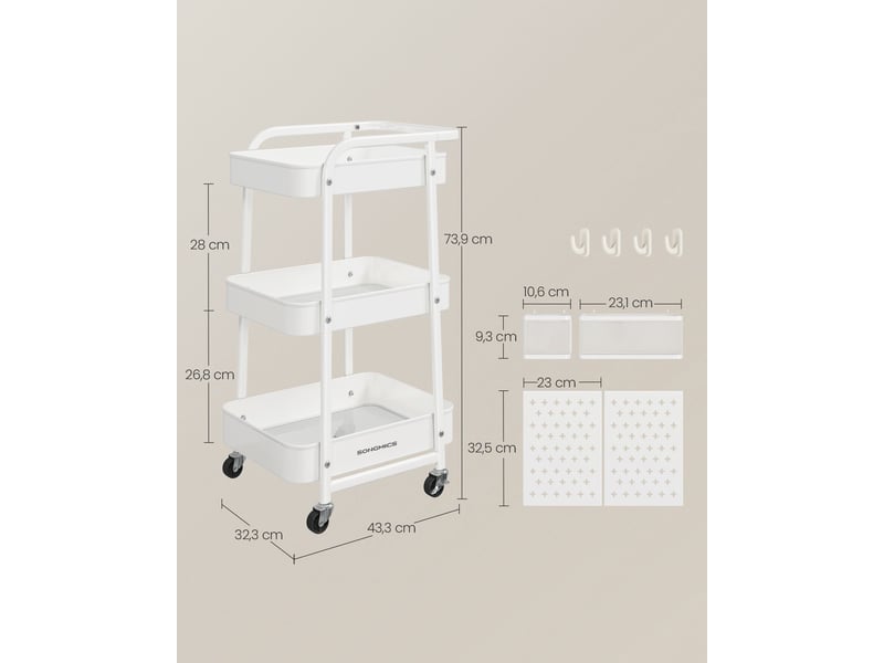  Chariot de rangement 3 plateaux en maille métallique 2 panneaux perforés amovibles 2 supports suspendus 4 crochets pour bureau cuisine salon salle de bain blanc 12_0005012  - Conforama C