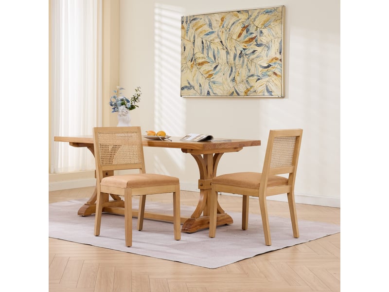  Lot de 2 chaises de salle à manger style rustique, dossier en cannage effet rotin, assise en lin à ressorts en s, cadre en bois massif, brun clair  - Conforama B