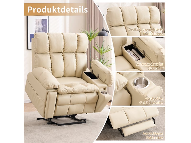  Fauteuil relax électrique releveur - 109x107x109cm - double moteur massage chauffant têtière réglable salon - blanc crème  - Conforama C
