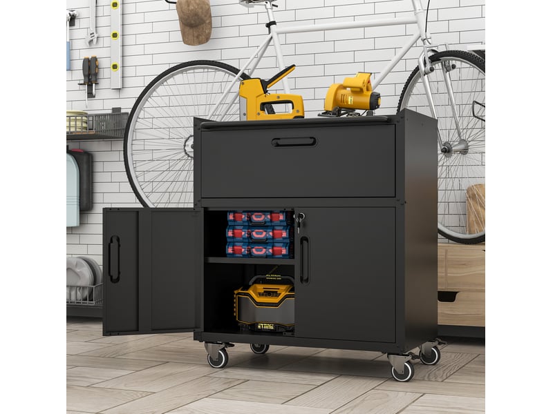 Armoire à outils métallique sur roulettes 75x42x88 cm – noir et gris – 1 tiroir, 2 portes verrouillables, étagères réglables - Conforama D