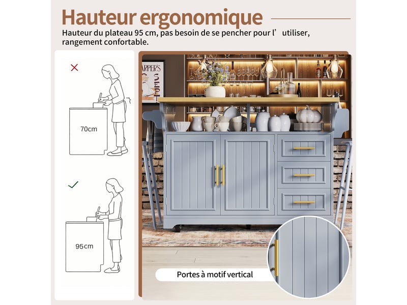  Desserte de cuisine 3 tiroirs, plateaux rabattables et roulettes en mdf 120×40(80)×95 cm bleu  - Conforama C