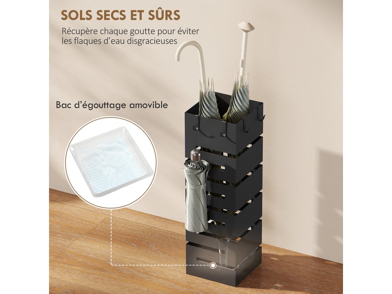  Porte-parapluie en métal rectangulaire, support pour 8 parapluies avec bac de récupération et crochets, noir  - Conforama D