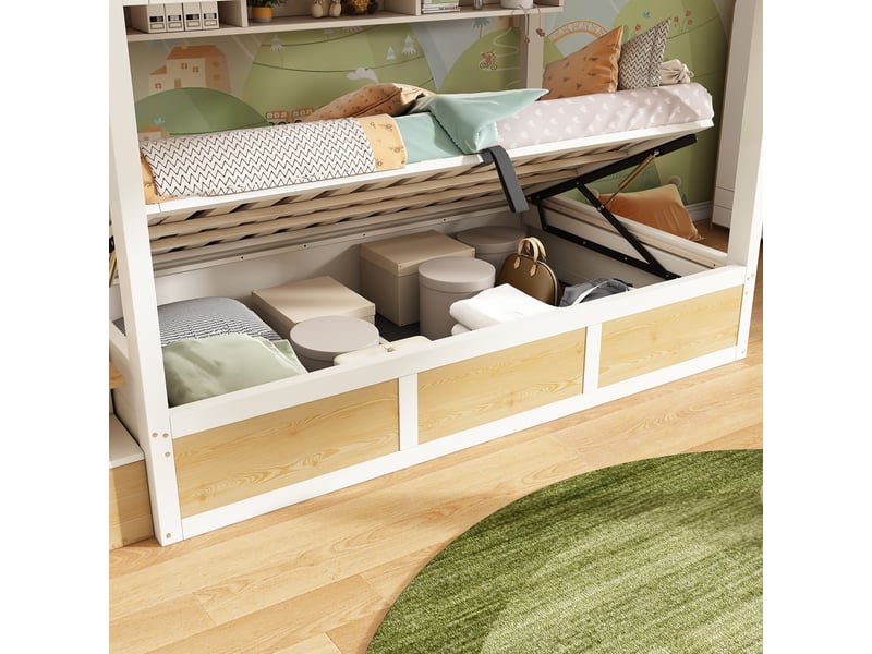 Lit superposé,90x200 cm,avec escalier de rangement,mdf,blanc et naturel - Conforama E