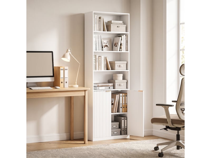  Bibliothèque design effet bois blanc 2 portes cannelées 4 étagères poignées métal doré  - Conforama D