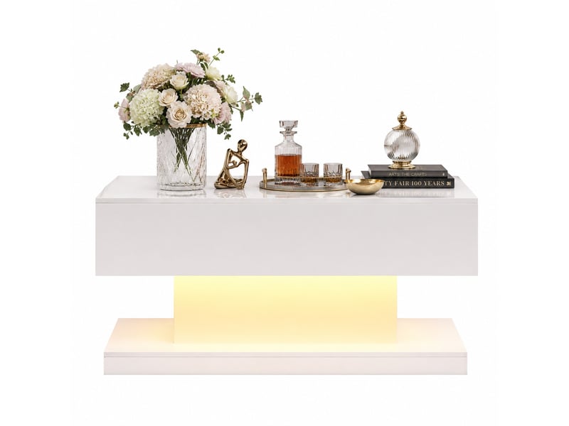  Table basse relevable led avec plateau coulissant et rangement pour salon 100×50×45 cm blanche  - Conforama A