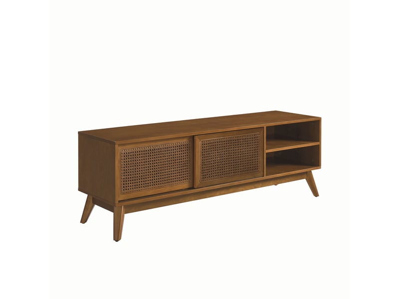  Meuble tv avec 2 portes coulissantes et 2 niches, pieds réglables, finition rotin pour salon en mdf noyer clair  - Conforama A