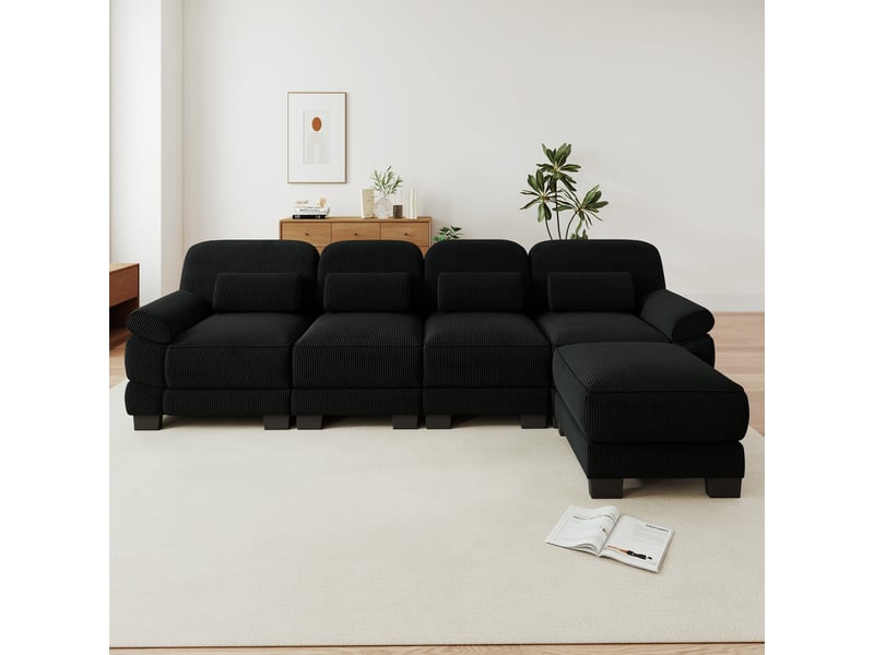 Canapé d'angle modulable - 4 places - forme l - 1 ottoman - assise profonde - velours côtelé - mobilier de salon - pratique - noir CozyNest - Conforama B