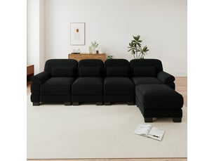 Canapé d'angle modulable - 4 places - forme l - 1 ottoman - assise profonde - velours côtelé - mobilier de salon - pratique - noir