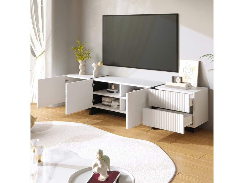  Meuble tv 190 x 35 x 45 cm, 3 portes et 2 tiroirs, façades rainurées, fermeture amortie, blanc et noir, en mdf, rangement pour salon CARDUME ESTIVAL - Conforama D
