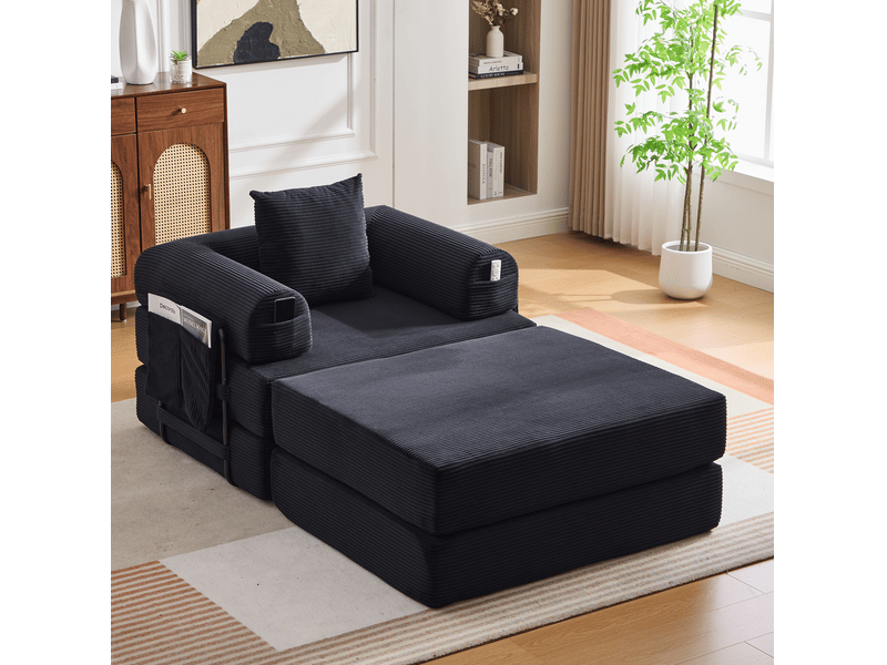 Fauteuil modulaire modenvie en velours côtelé noir avec pouf, coussin et poche latérale 112 x 190 x 67 cm - Conforama B