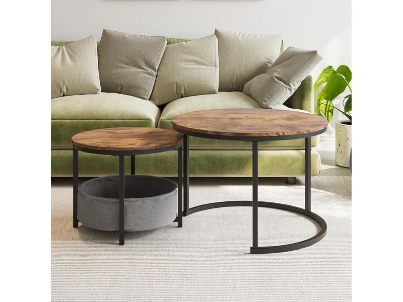  Table basse ronde lot de 2 70x48 cm et 50x40,2 cm, brun antique, métal, design industriel  - Conforama A