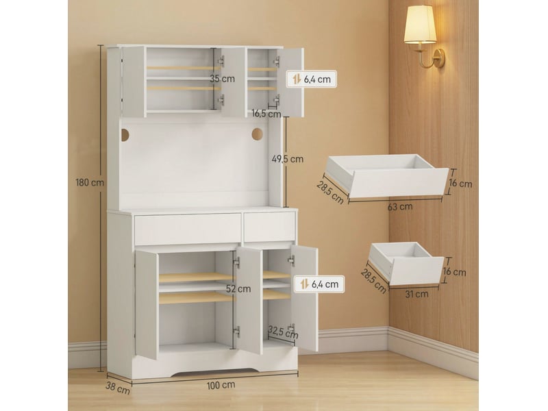  Buffet de cuisine haut 100x38x180 cm 6 portes 2 tiroirs mdf panneau de particules blanc  - Conforama E
