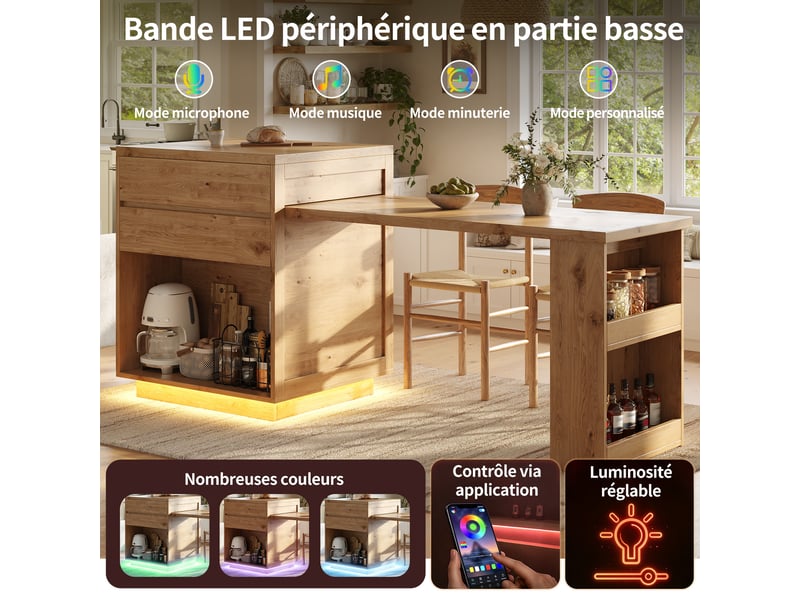  Îlot de cuisine extensible 122–194,5 x 70 x 94 cm avec éclairage led, 4 tiroirs et placard latéral pour 2 à 6 personnes, naturel  - Conforama E