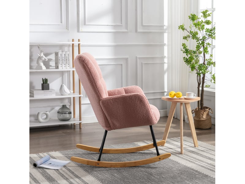  Fauteuil à bascule style vintage, structure en bois, rose, revêtement teddy et mousse, relaxe à oreilles  - Conforama E